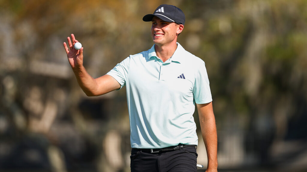 HILTON HEAD ISLAND, SOUTH CAROLINA - APRIL 18: Ludvig Aberg of Sweden reacts after making a birdie on the 17th hole during the first round of the RBC Heritage at Harbour Town Golf Links on April 18, 2024 in Hilton Head Island, South Carolina. (Photo by Jared C. Tilton/Getty Images)