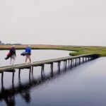 golfbanan falsterbo, träbro, golfspelare, bagar, vattendamm