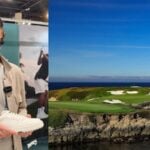 man med golfsko i händerna och amerikansk grön golfbana vid havskust