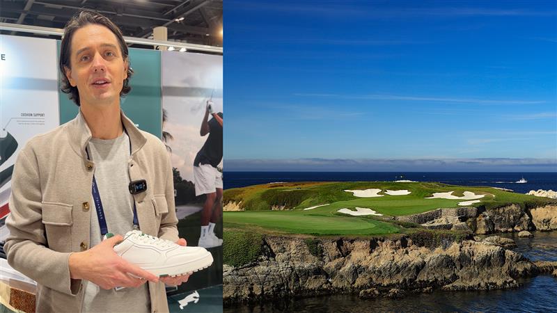 man med golfsko i händerna och amerikansk grön golfbana vid havskust