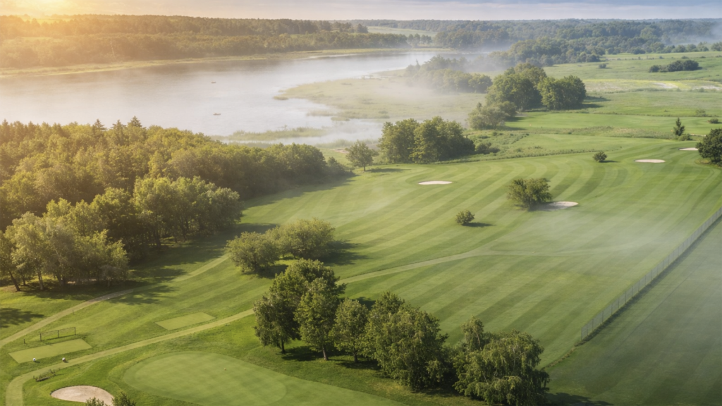 golfbana vid kanal fotad från luften
