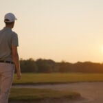 golfspelare på golfbana i solnedgång