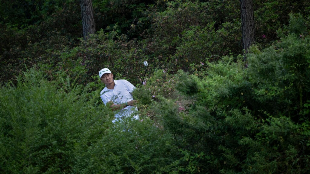 golfspelare spelar golf från buskar och träd