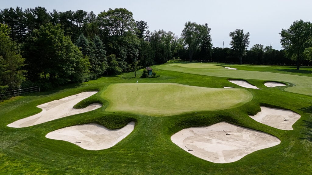 golfbana, träd, sandbunker