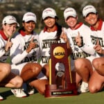 CARLSBAD, CALIFORNIA - MAY 27: Paula Martin Sampedro, Andrea Revuelta, Meja Ortengren, Kelly Xu, and Megha Ganne of the Stanford University Cardinals pose on the 18th green with the national championship trophy after defeating the USC Trojans during the final round of the NCAA Division I Women's Golf Championships at Omni La Costa Resort &amp; Spa on May 27, 2026 in Carlsbad, California. (Photo by Luke Hales/Getty Images)