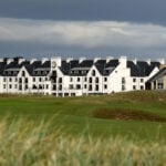 CARNOUSTIE, SCOTLAND - OCTOBER 05: A general view across the course of the clubhouse during the Final Round on day four of the Alfred Dunhill Links Championship 2025 at Carnoustie Golf Links on October 05, 2025 in Carnoustie, Scotland.