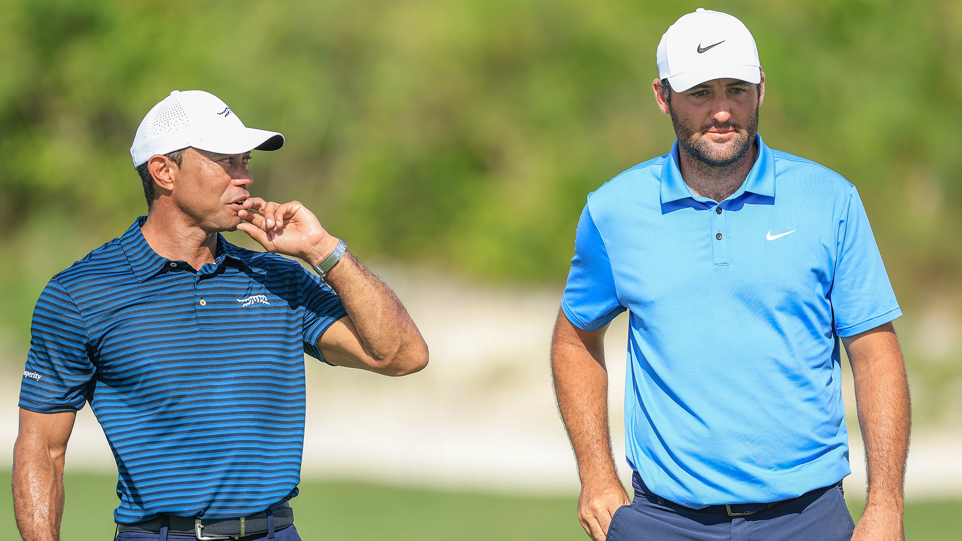 golfspelarna tiger woods och scottie scheffler på en golfbana på bahamas